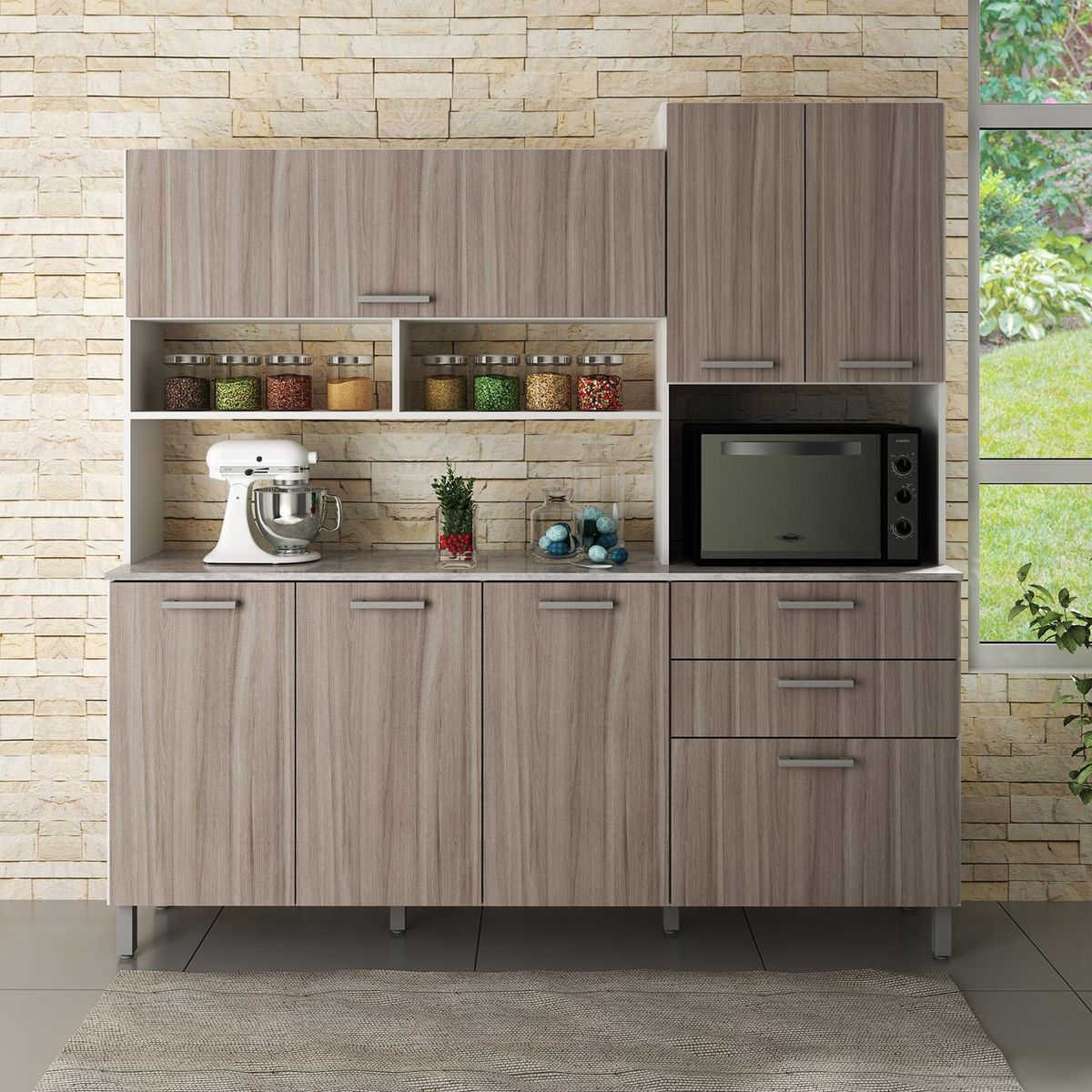 TECNOMOBILI - Kit Mueble Cocina 6 Puertas 3 Cajones Bl/Carvalho/Concreto espesor 15mm