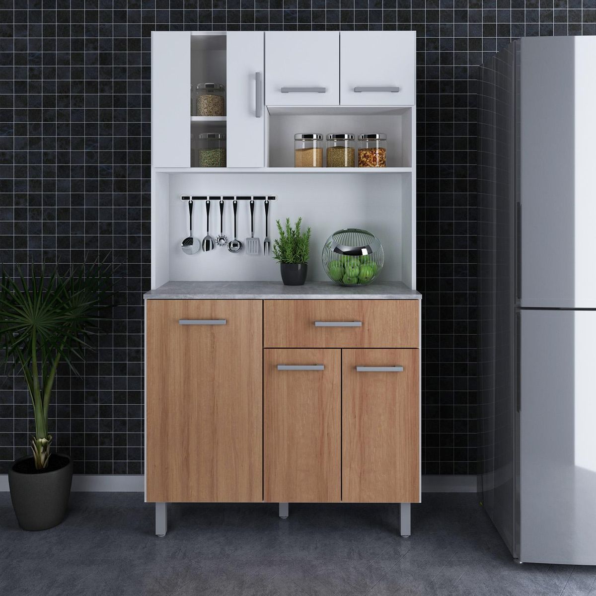 TECNOMOBILI - Kit Mueble Cocina 6 Puertas 1 Cajón Blanco/Almendra/Concreto espesor 15mm