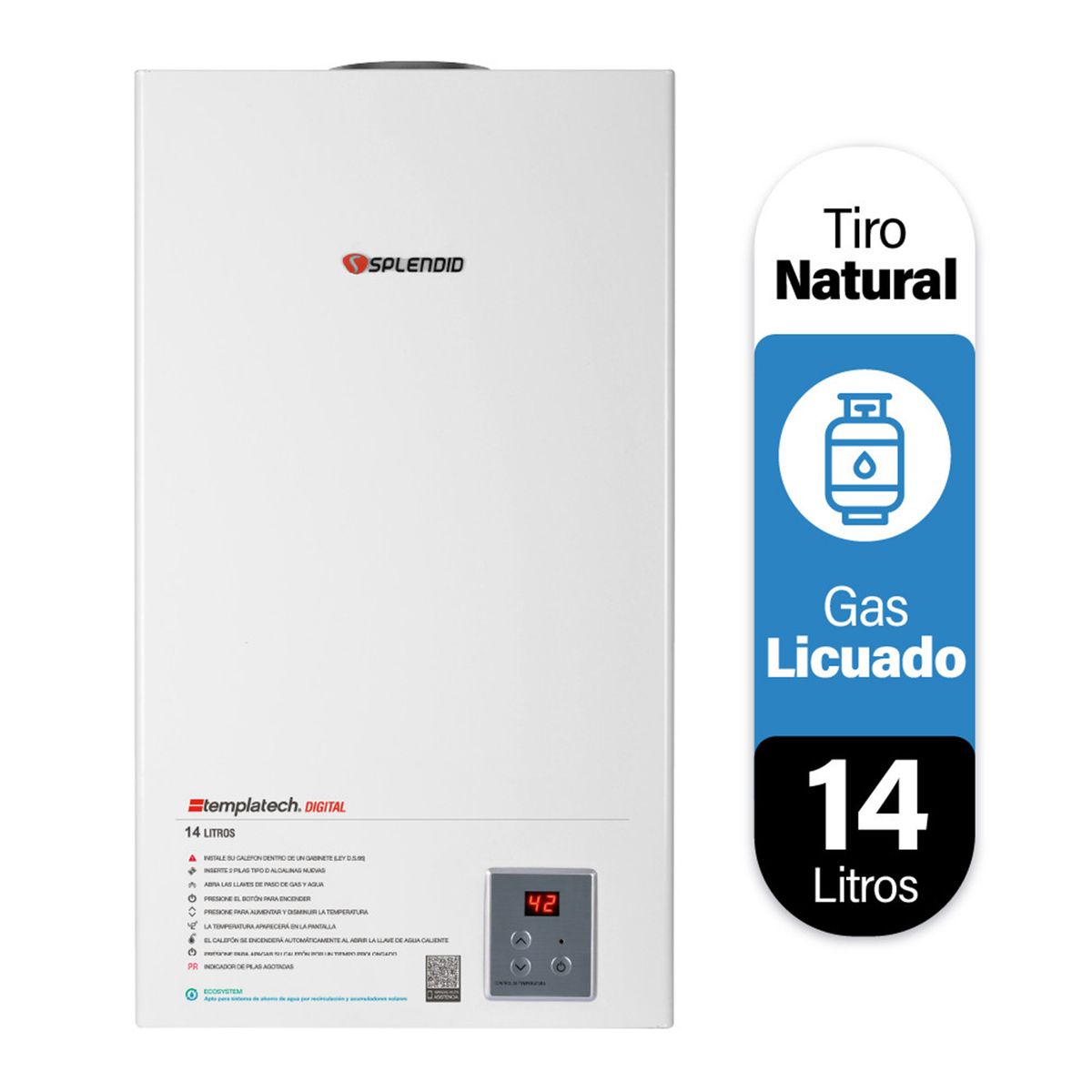 SPLENDID - Calefont Gas Licuado 14 Litros Tiro Natural Ionizado