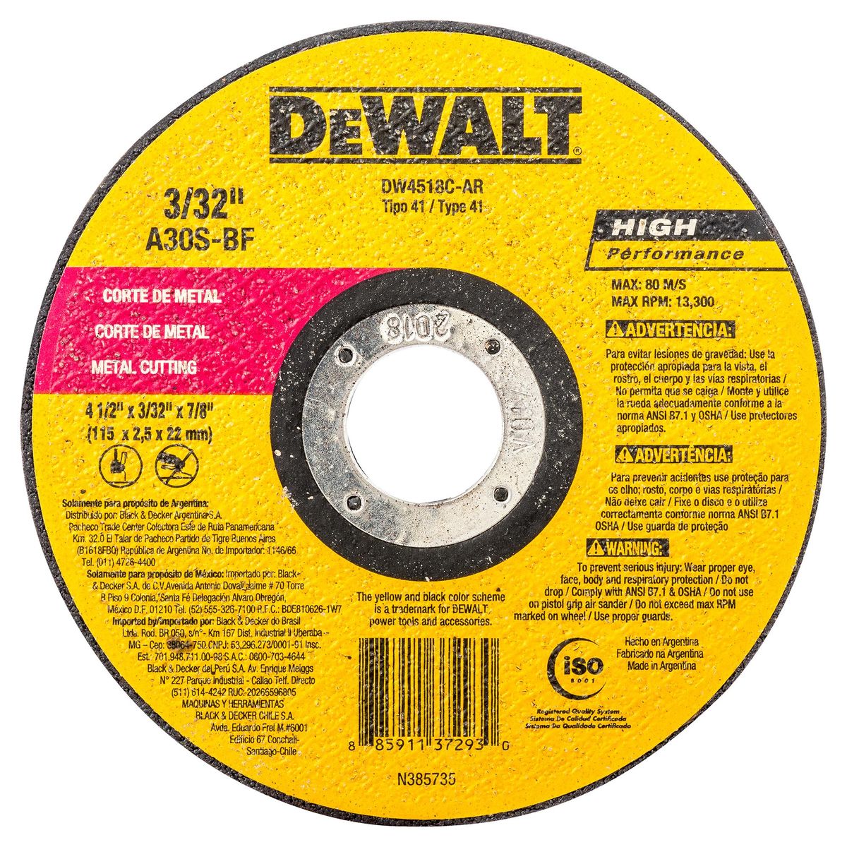 DEWALT - Disco de corte metal 4,5" óxido de aluminio