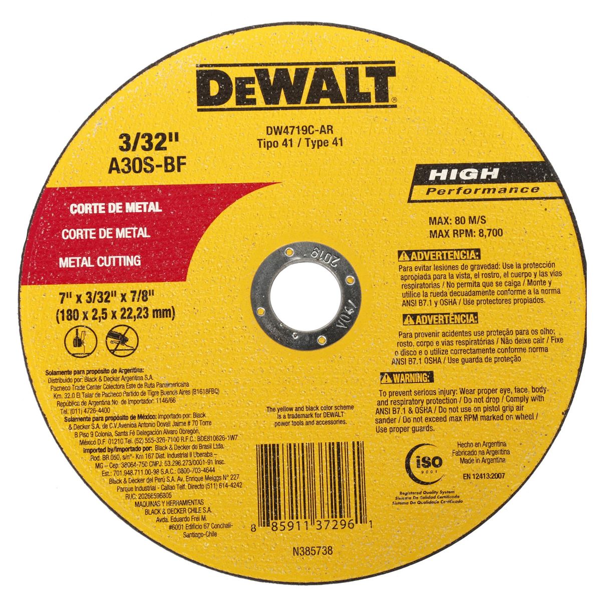 DEWALT - Disco de corte metal 7" óxido de aluminio