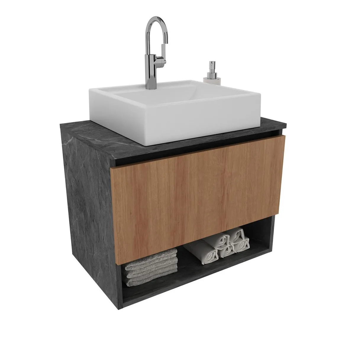 TECNOMOBILI - Mueble Baño Aéreo 1 puerta Mármol Lunar/Almendra Lavamanos