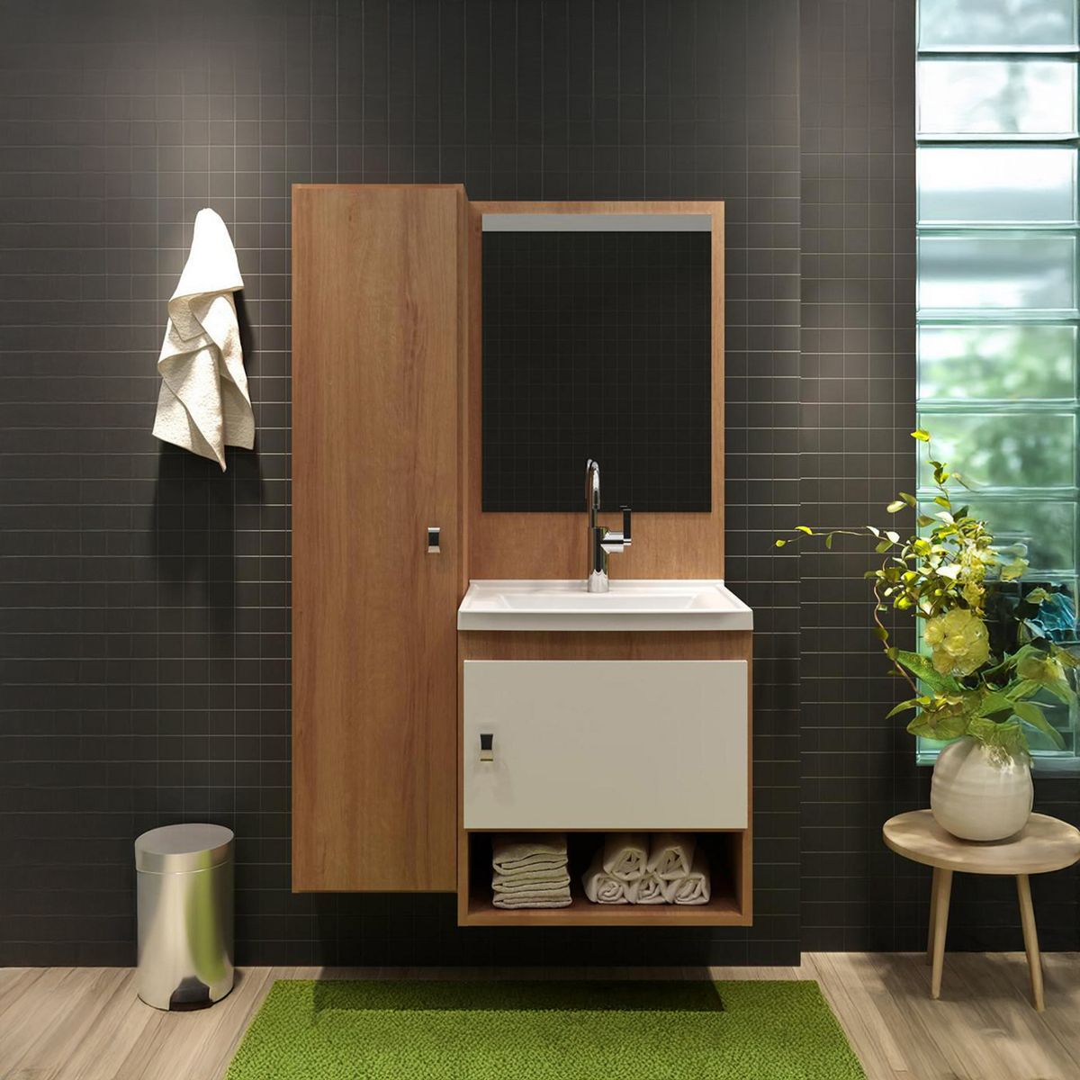 TECNOMOBILI - Mueble baño aéreo con 2 puertas Almendra/Blanco lavamanos BN3631.0002C