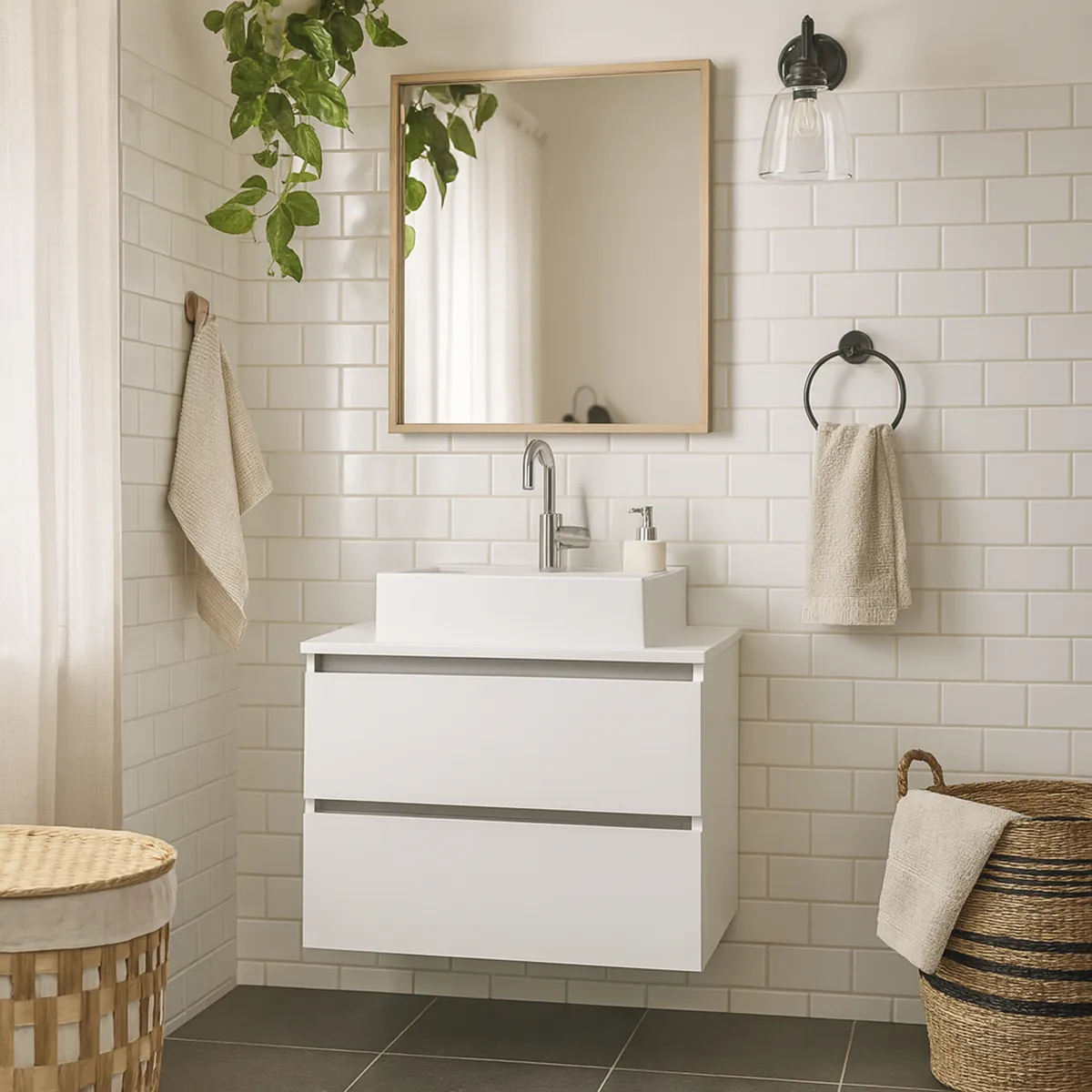 TECNOMOBILI - Mueble baño aéreo con 2 cajones Blanco incluye lavamanos BN3607.0001