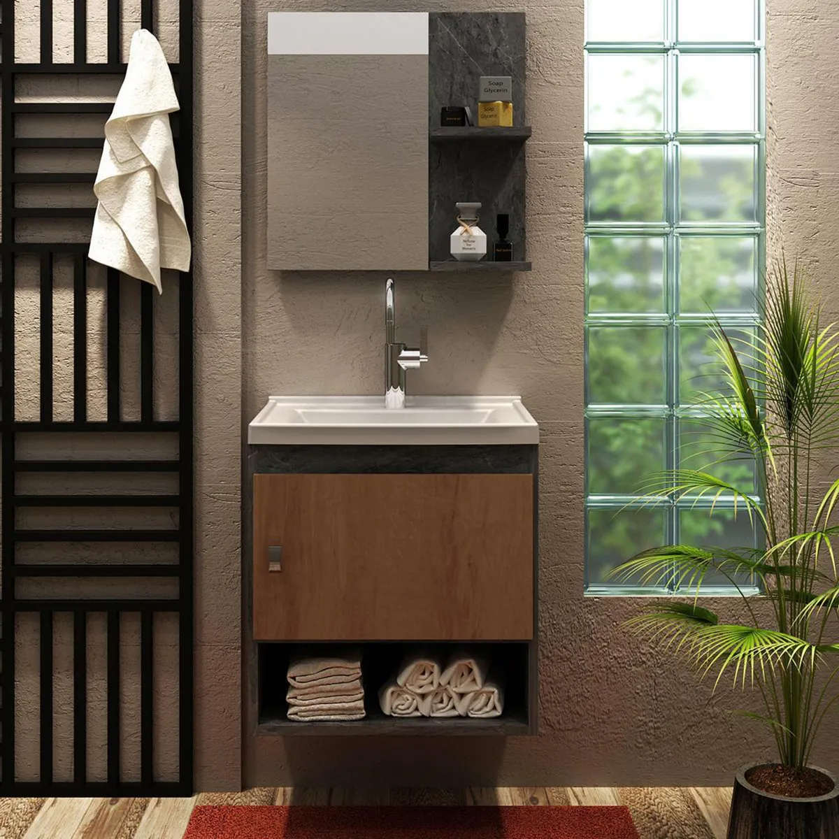 TECNOMOBILI - Kit Mueble 1 puerta + Espejo 2 repisas mar/alm lavamanos BN3635.0001C