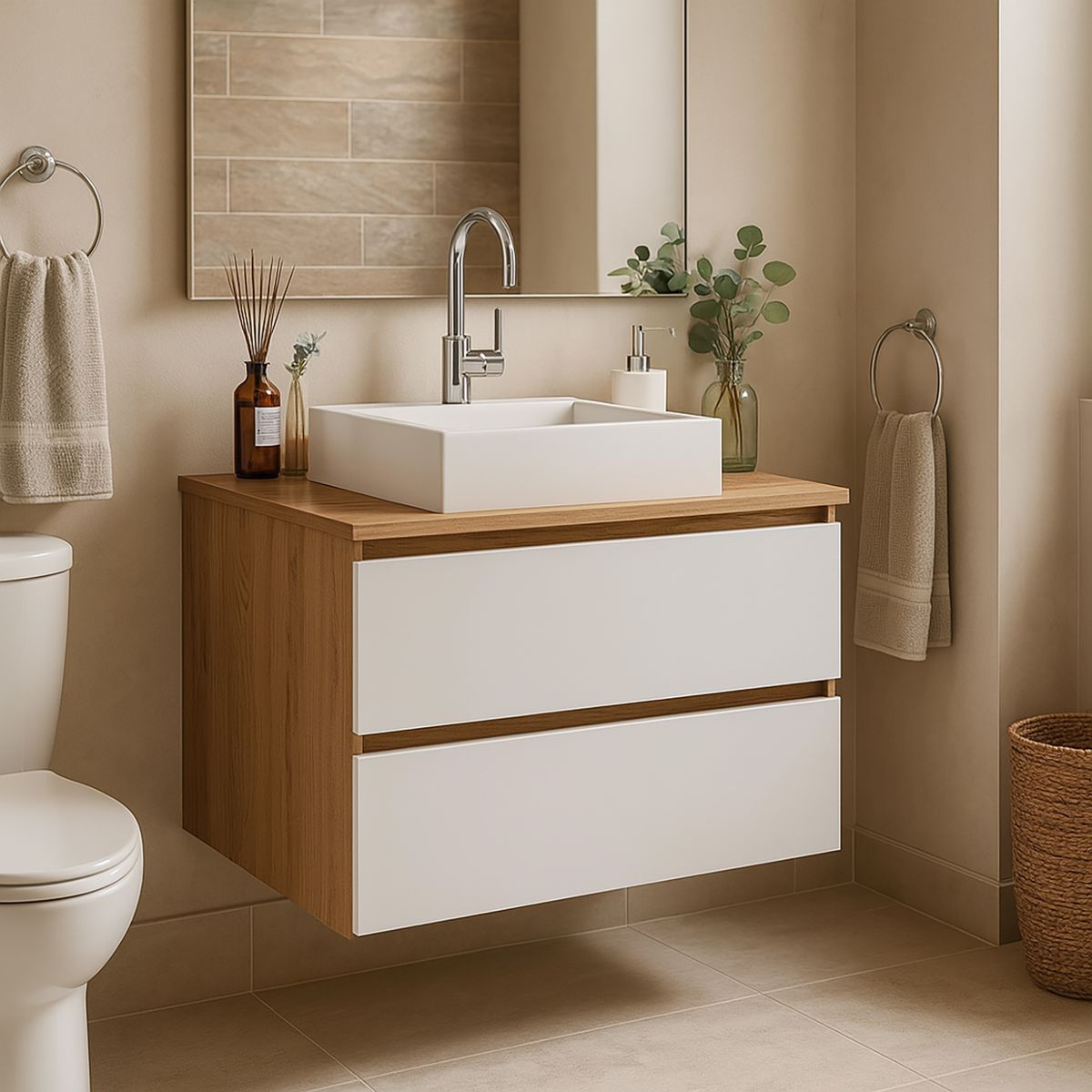 TECNOMOBILI - Mueble baño aéreo 2 cajones Almendra/Blanco c/lavamanos BN3607.0002