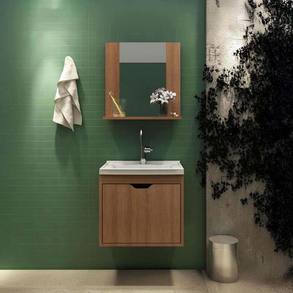TECNOMOBILI - Mueble baño aéreo con 1 puerta Almendra con lavamanos BN3632.0002C