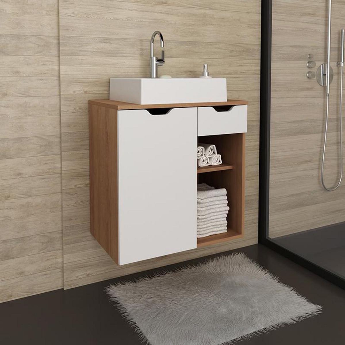 TECNOMOBILI - Mueble baño 1 cajón y 1 puerta c/lavamanos Almendra/Blanco BN3605.0002