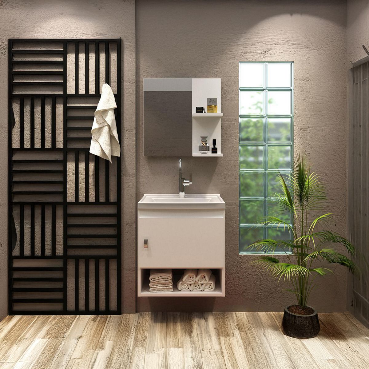 TECNOMOBILI - Kit Mueble 1 puerta + Espejo 2 repisas blanco lavamanos BN3635.0001C