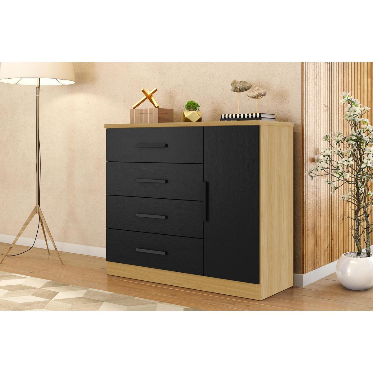 BE DESIGN - Cómoda 1 Puerta 4 Cajón(es) Zancini 114.6x98.7x43.8 cm Beige Negro