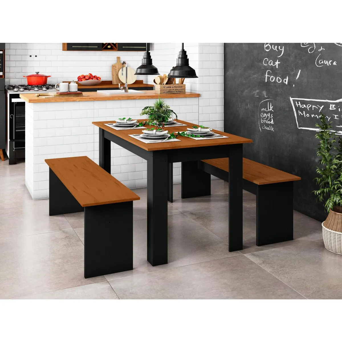 BE DESIGN - Juego de Comedor Zancini 4 Sillas Mesa Rectangular 75x75,2x135 cm Natura negro