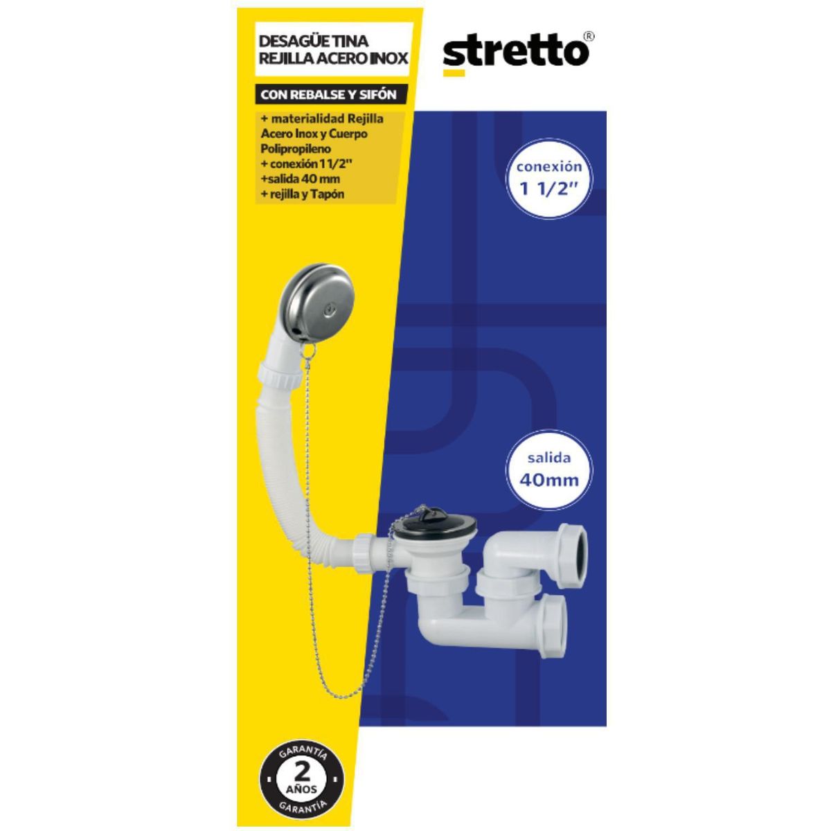 STRETTO - Desague Tina Plástico 1 1/2" c/Rebalse c/Sifón