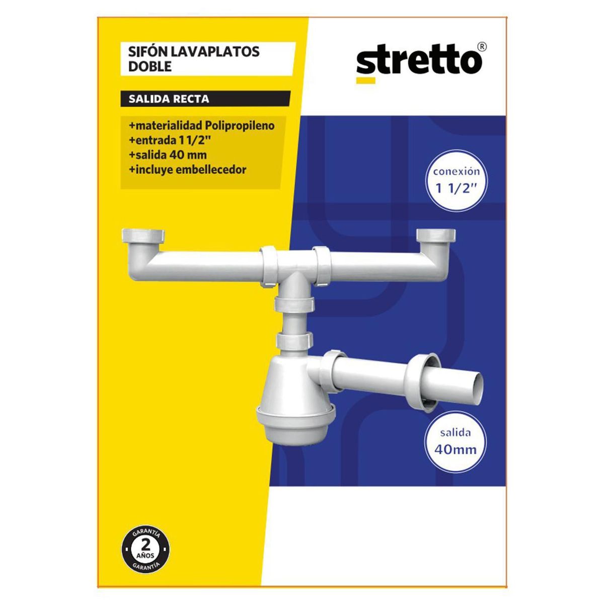 STRETTO - Sifon Lavaplatos PP 1 1/2" con entrada doble