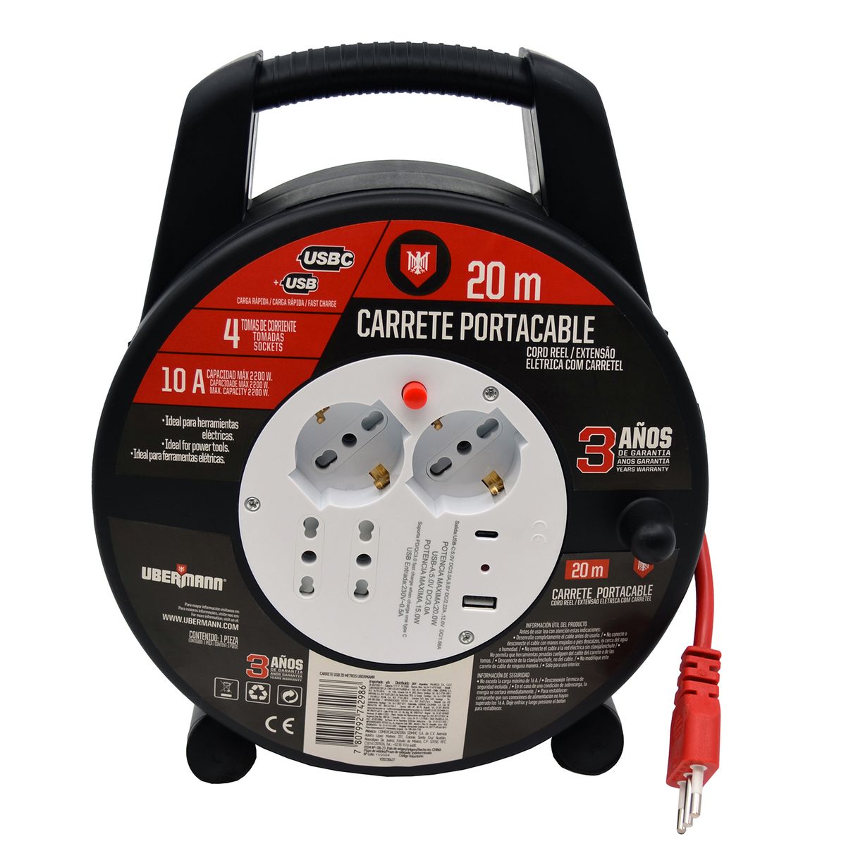 UBERMANN - Carrete Alargador Shuko 10/16A 2 Toma(s) 20 m Negro