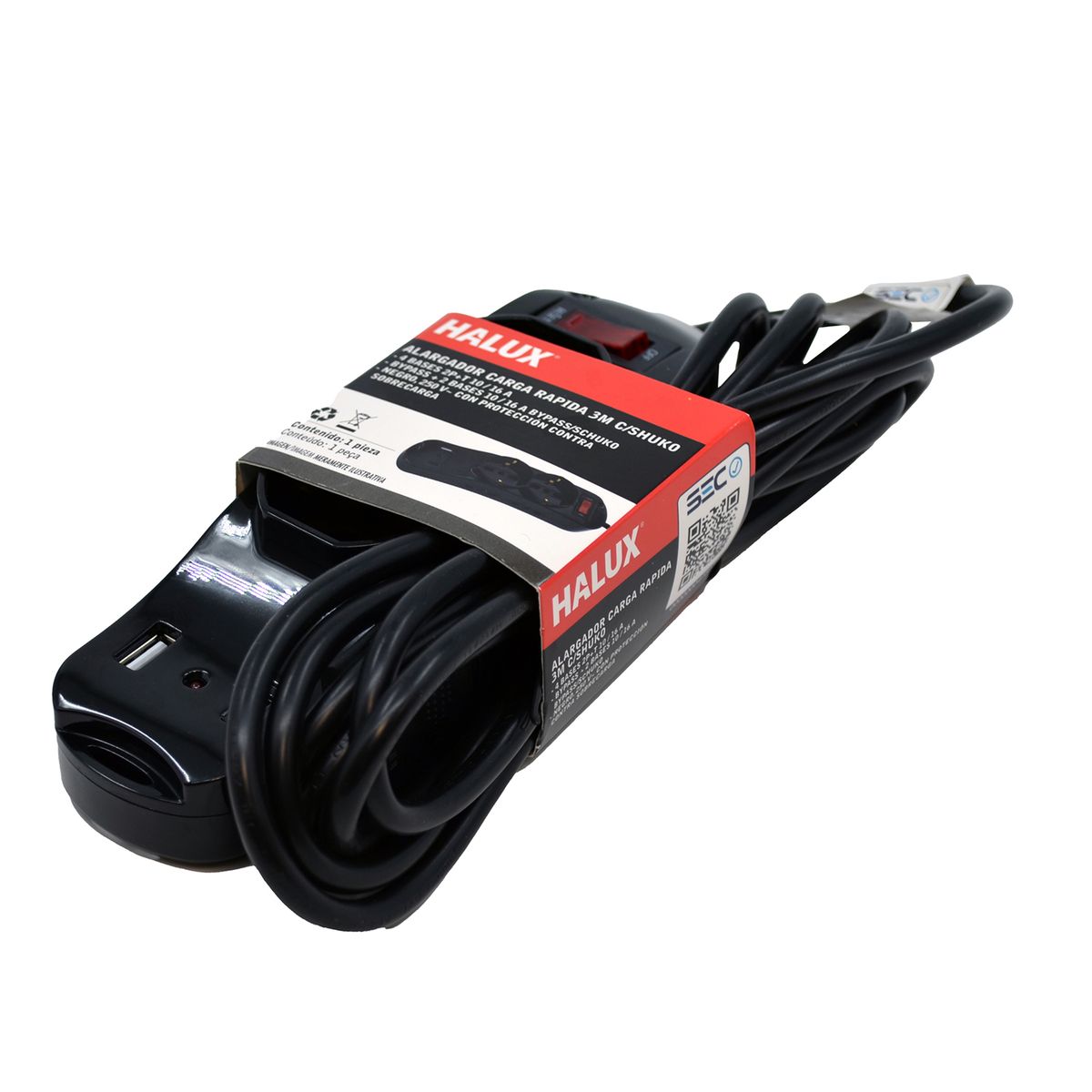 HALUX - Alargador 1 USB 6 Toma(s) 3 m Negro