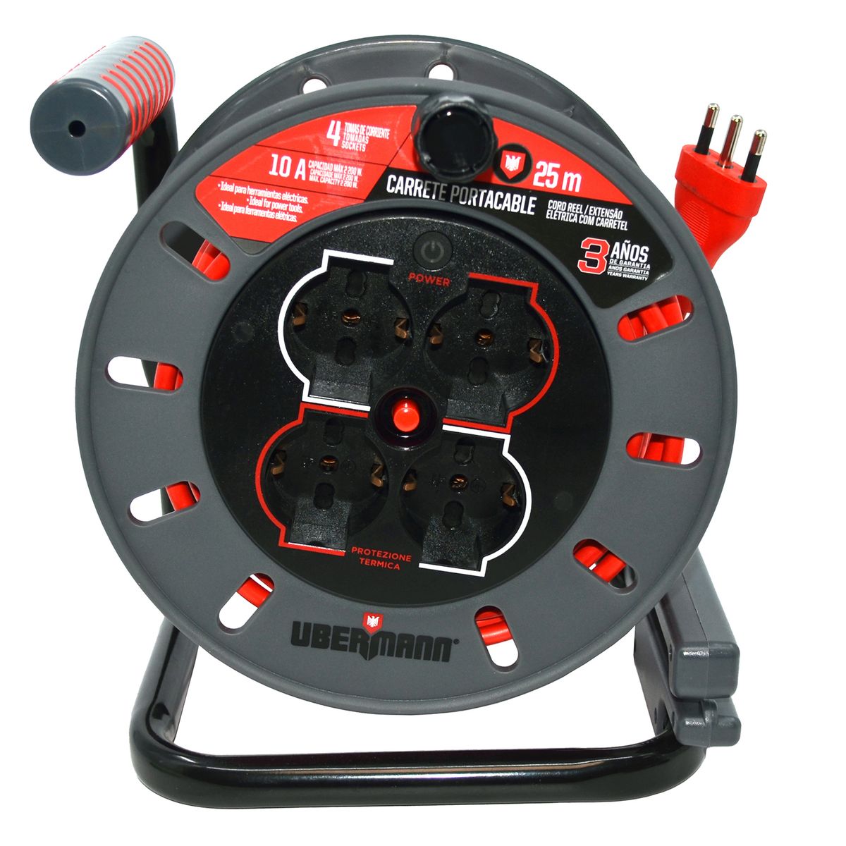 UBERMANN - Carrete Alargador 1 Toma(s) 25 m Negro con rojo