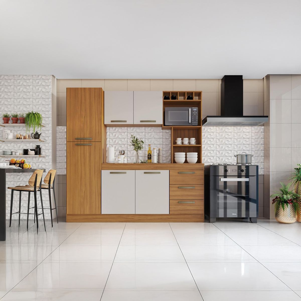 HOME MOBILI - Kit Cocina 7 puertas 3 Cajones Cafe-Blanco Off