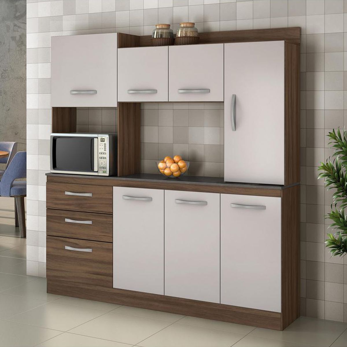 HOME MOBILI - Kit Cocina 6 puertas 3 Cajones Castaño-Blanco Off