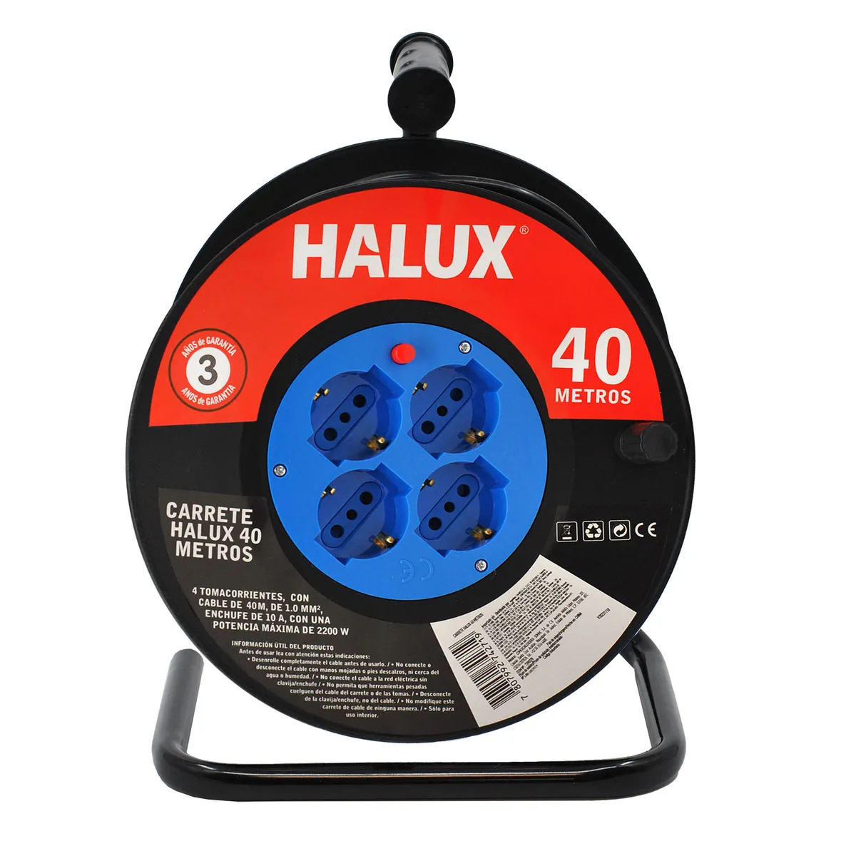 HALUX - Carrete Alargador Shuko 4 Toma(s) 40 m Negro con rojo