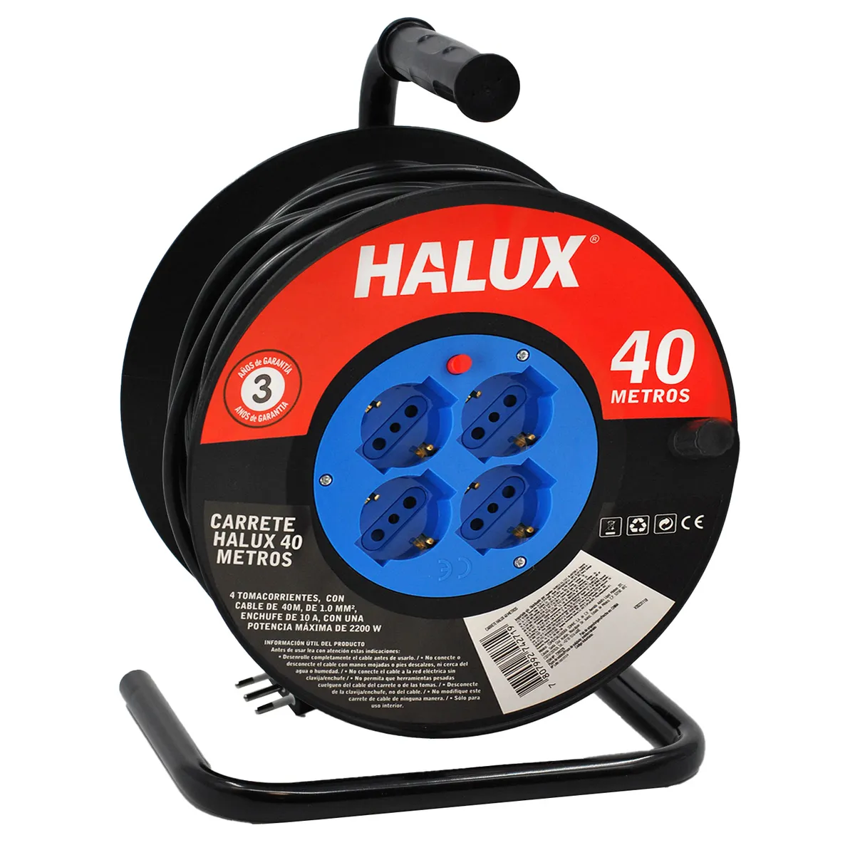 HALUX - Carrete Alargador Shuko 4 Toma(s) 40 m Negro con rojo