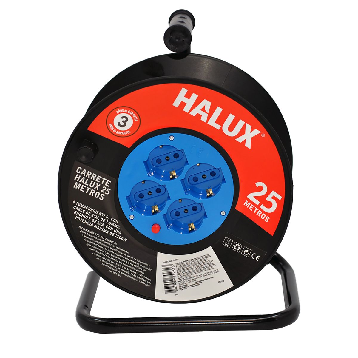 HALUX - Carrete Alargador Shuko 4 Toma(s) 25 m Negro con rojo