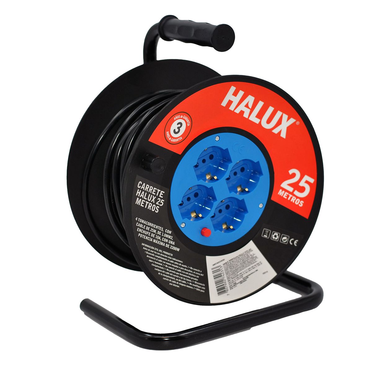 HALUX - Carrete Alargador Shuko 4 Toma(s) 25 m Negro con rojo