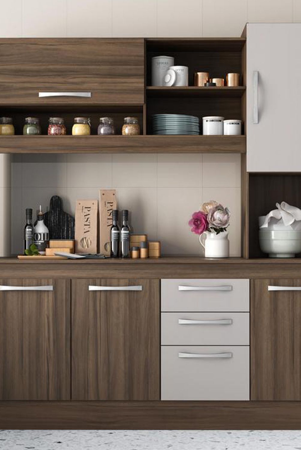 HOME MOBILI - Kit Cocina 5 puertas 3 cajones Cafe-Blanco Off