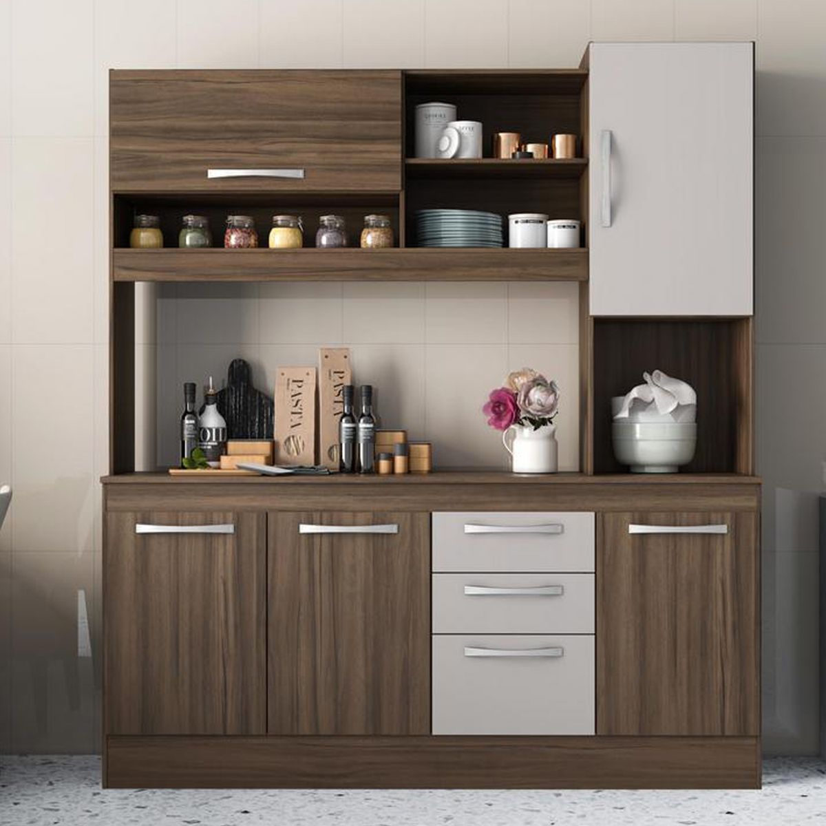 HOME MOBILI - Kit Cocina 5 puertas 3 cajones Cafe-Blanco Off