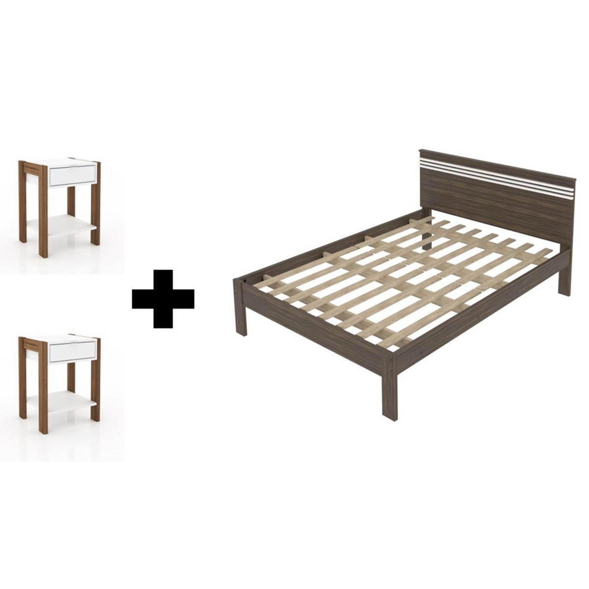 TECNOMOBILI - Combo Cama 2 Plazas Nogal/Blanco + 2 Veladores Nogal/ Blanco