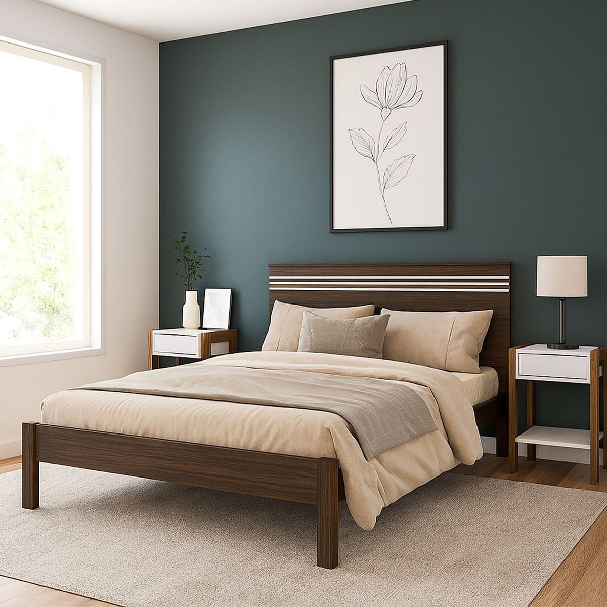 TECNOMOBILI - Combo Cama 2 Plazas Nogal/Blanco + 2 Veladores Nogal/ Blanco