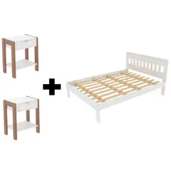 TECNOMOBILI - Combo cama 2 plazas blanco + 2 veladores almendra/blanco