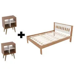 TECNOMOBILI - Combo cama 2 plazas almendra/blanco + 2 veladores almendra/blanco