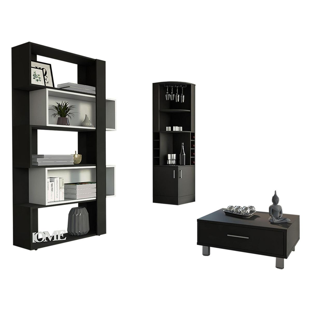 TUHOME - Mesa de Centro + Bar Esquinero + Biblioteca