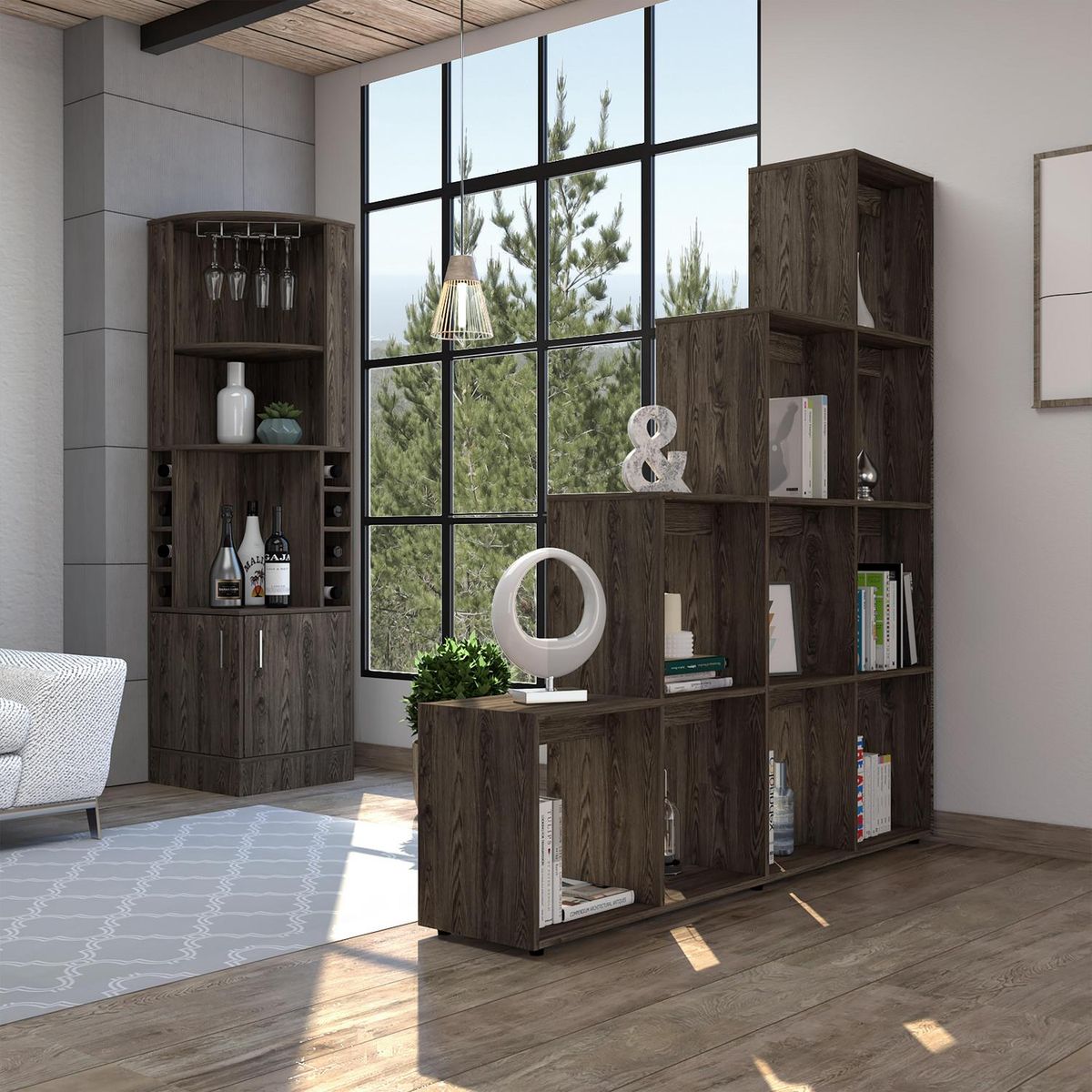 TUHOME - Combo Bar Esquinero + Biblioteca Escalera Beijing Coñac