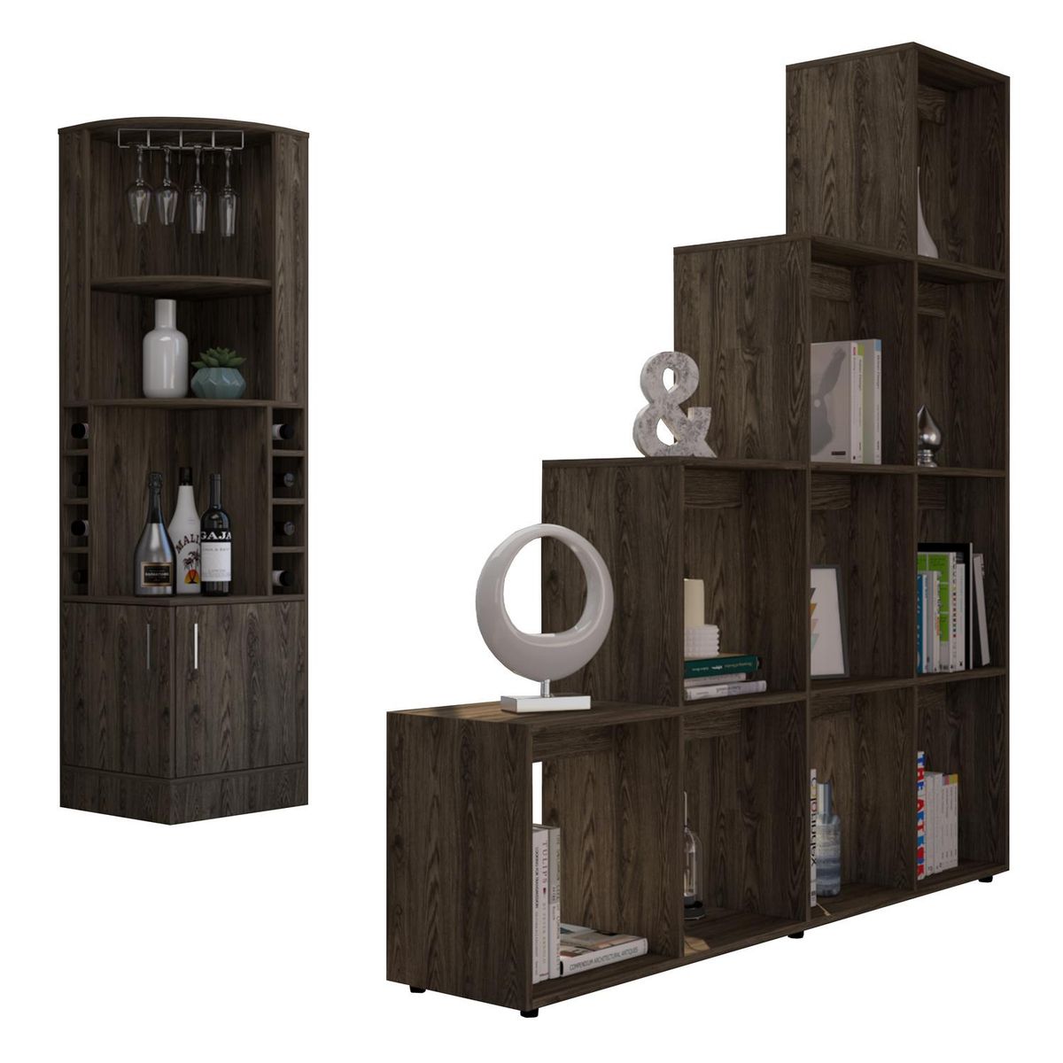 TUHOME - Combo Bar Esquinero + Biblioteca Escalera Beijing Coñac