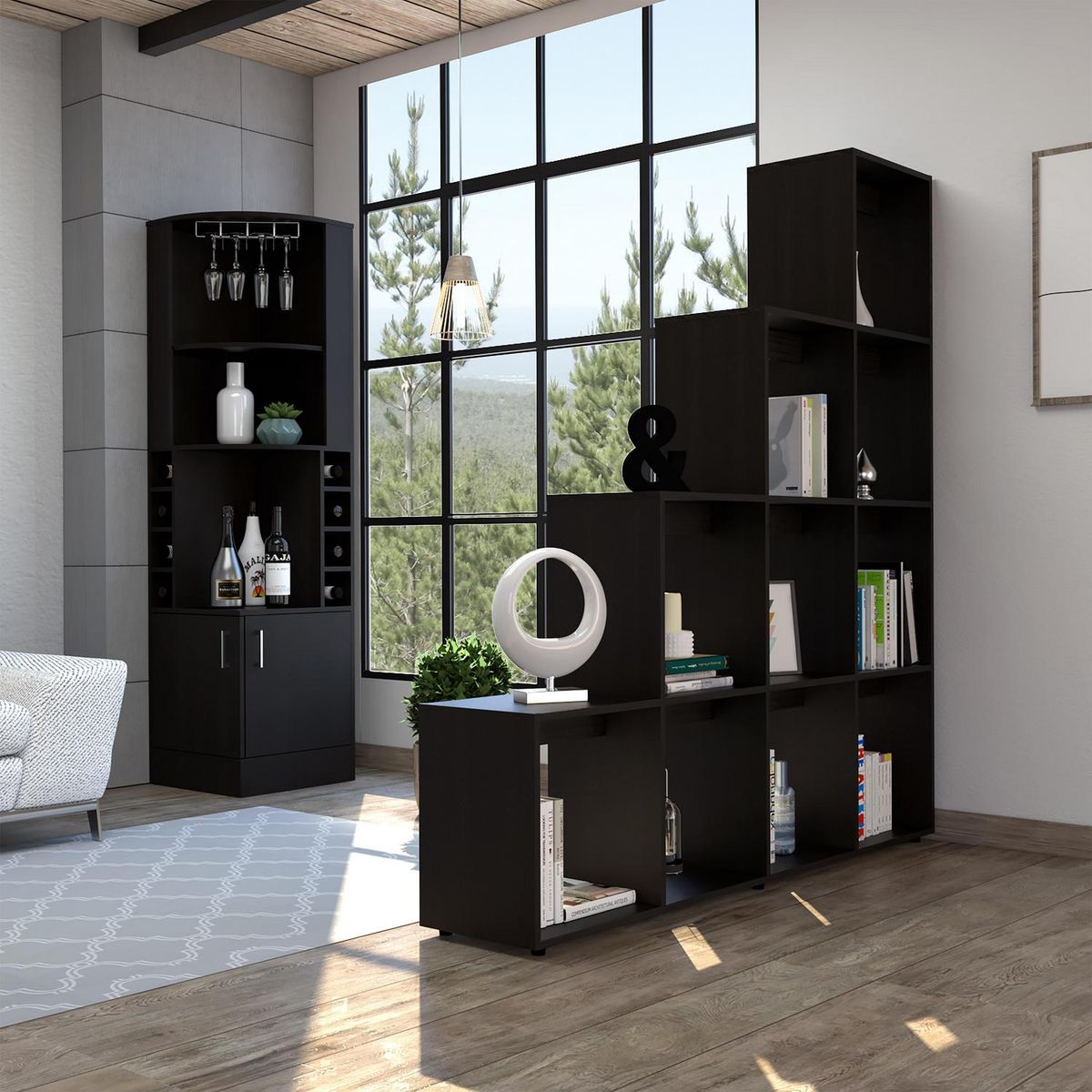 TUHOME - Combo Bar Esquinero + Biblioteca Escalera Beijing Wengue