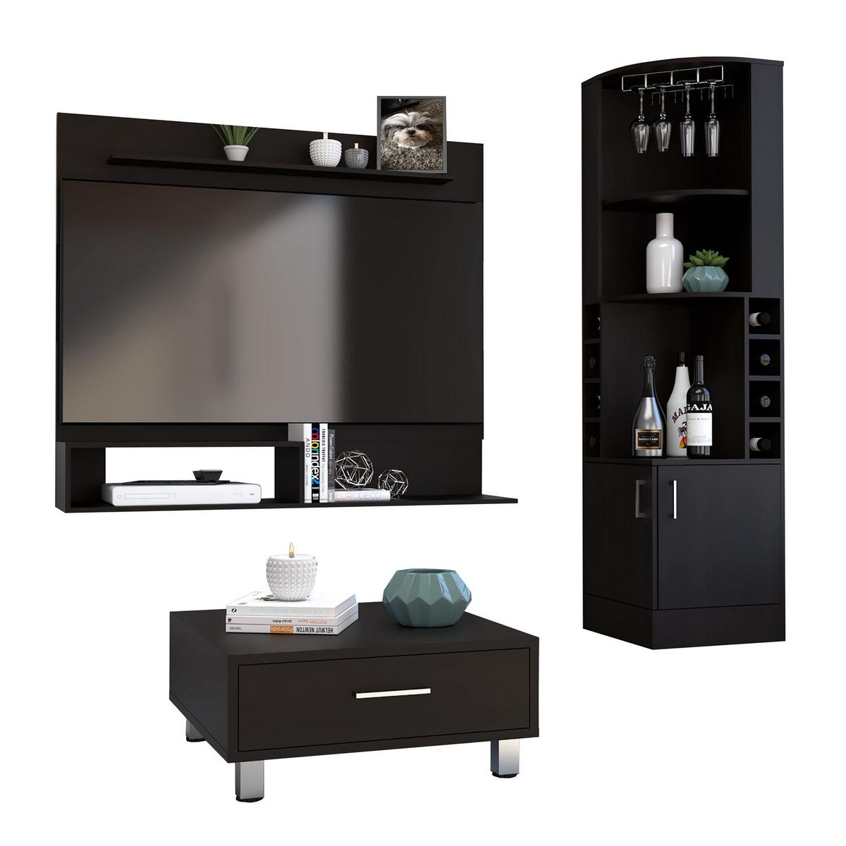 TUHOME - Bar esquinero + panel TV55+mesa de centro beijing - coñac/blanco