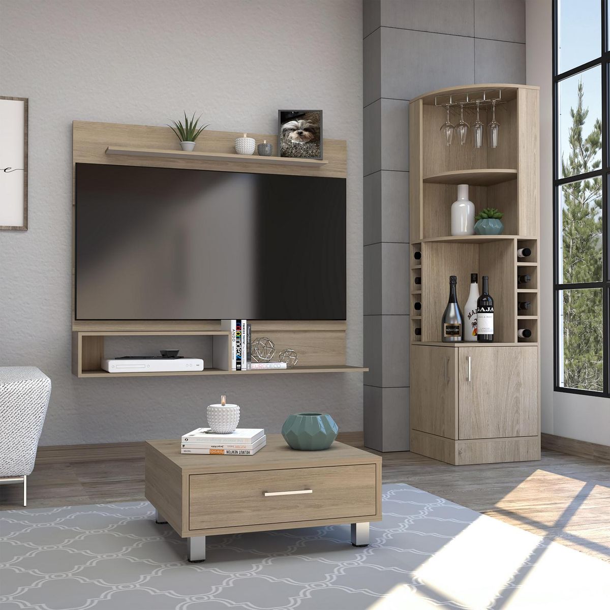 TUHOME - Bar esquinero + panel TV55 + mesa de centro Beijing - rovere/blanco