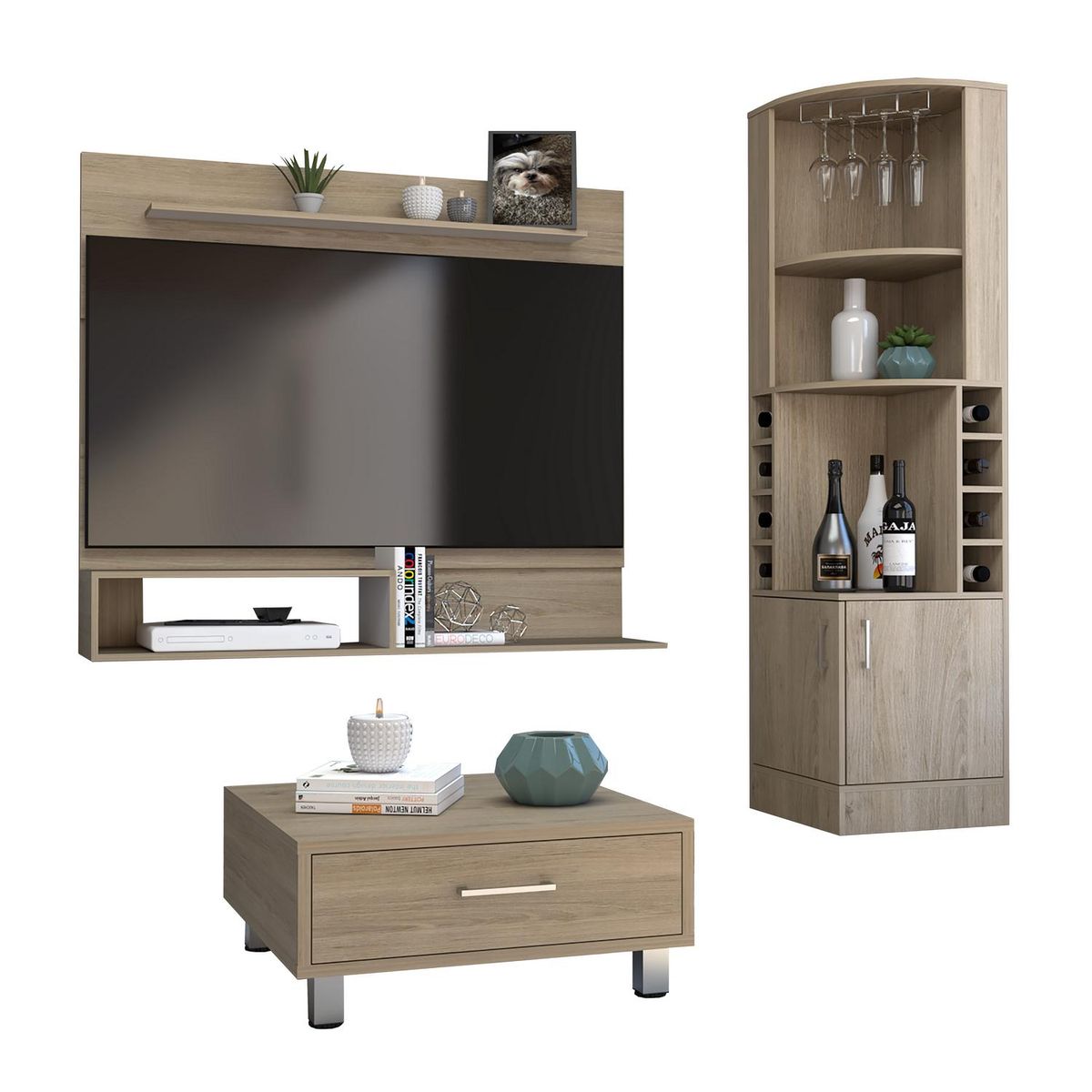 TUHOME - Bar esquinero + panel TV55 + mesa de centro Beijing - rovere/blanco