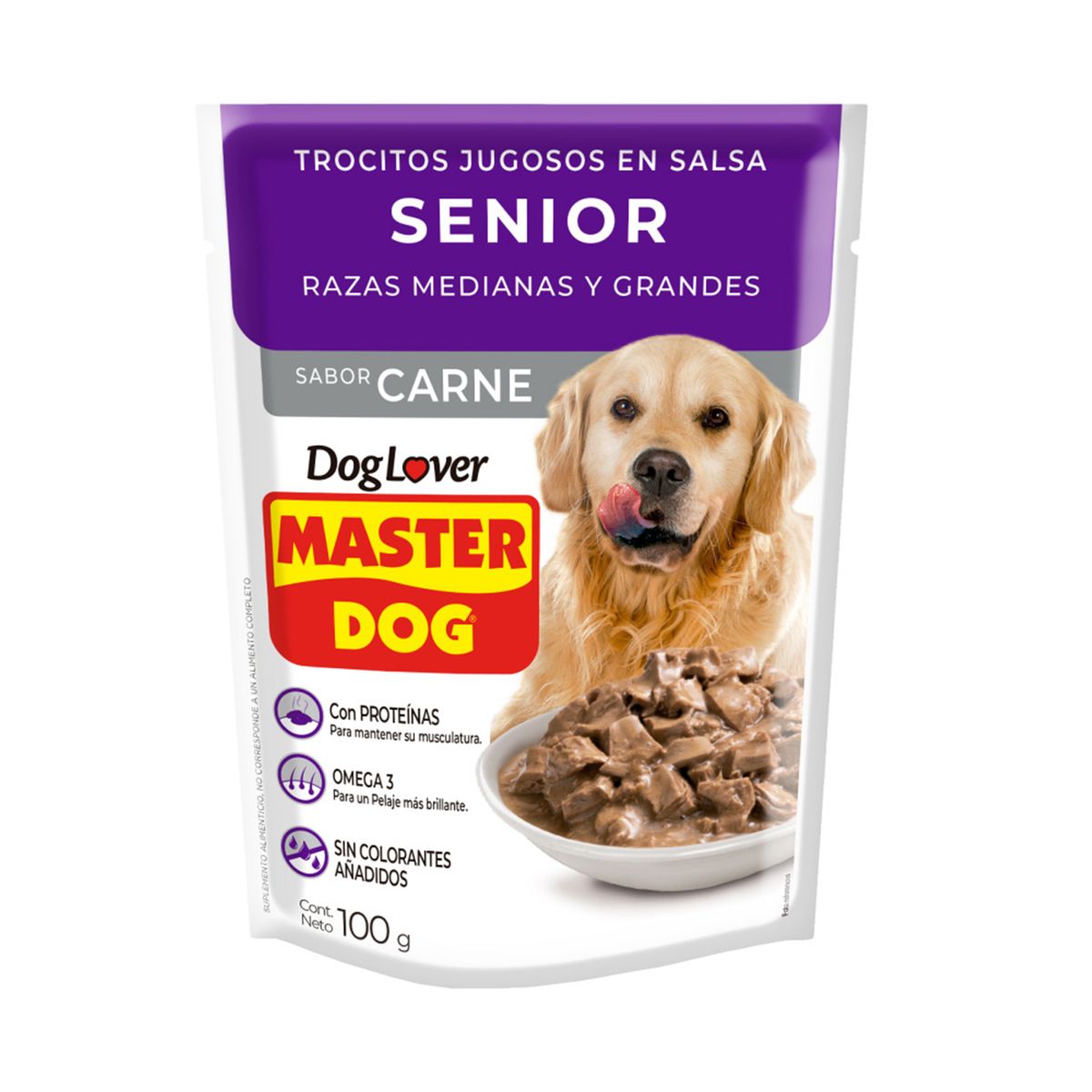 MASTER DOG - Alimento húmedo trocitos jugosos para perros senior, sabor carne 85g
