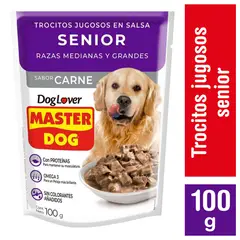 MASTER DOG - Alimento húmedo trocitos jugosos para perros senior, sabor carne 85g