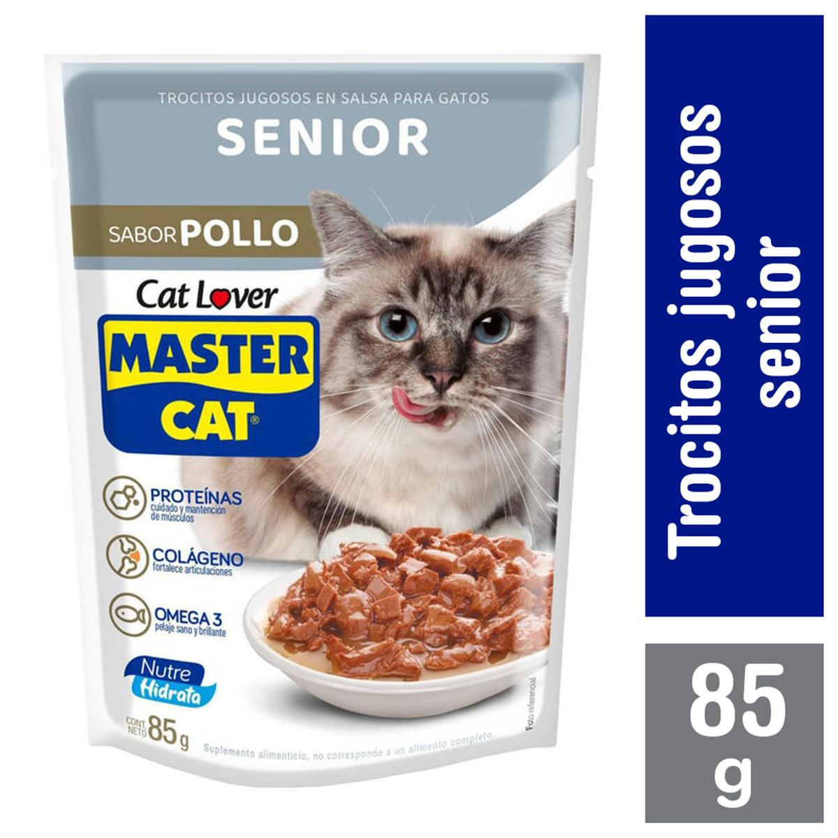 MASTER CAT - Alimento húmedo trocitos jugosos para gatos senior, sabor pollo 85g