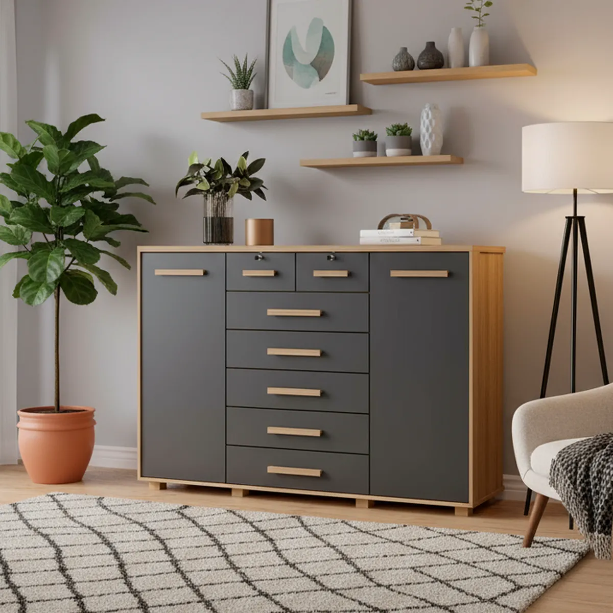 VEKKAHOME - Cómoda 7 Cajón(es) Fontana 160x110x45 cm Nature/Titanium