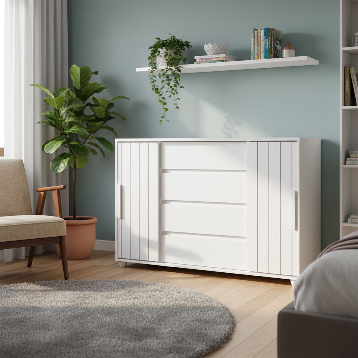 VEKKAHOME - Cómoda 4 Cajón(es) Evidenza Light 150x96x41 cm Blanco Mate/Nature Flex