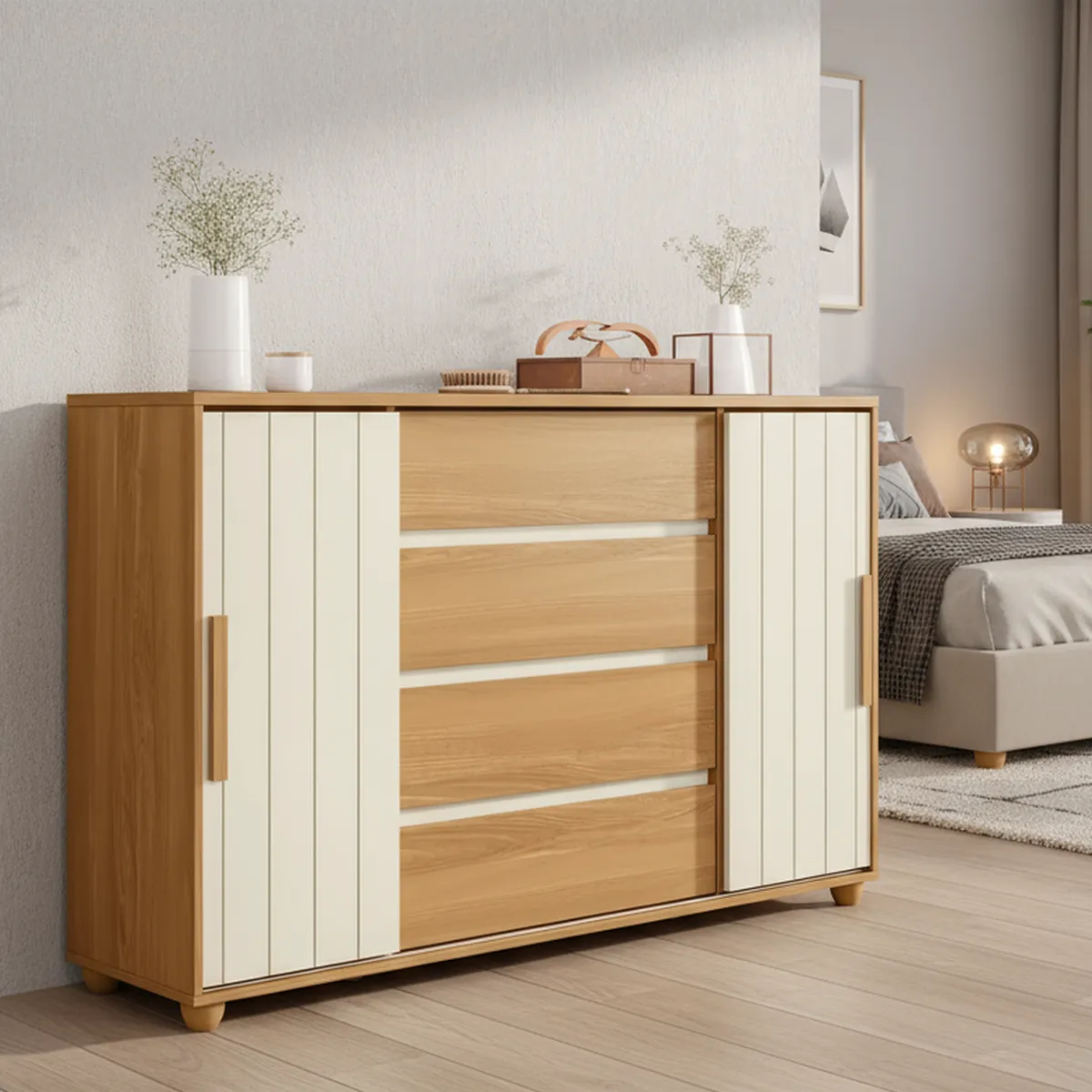 VEKKAHOME - Cómoda 4 Cajón(es) Evidenza Rustica 150x96x41 cm Roble Grife/Off White Flex