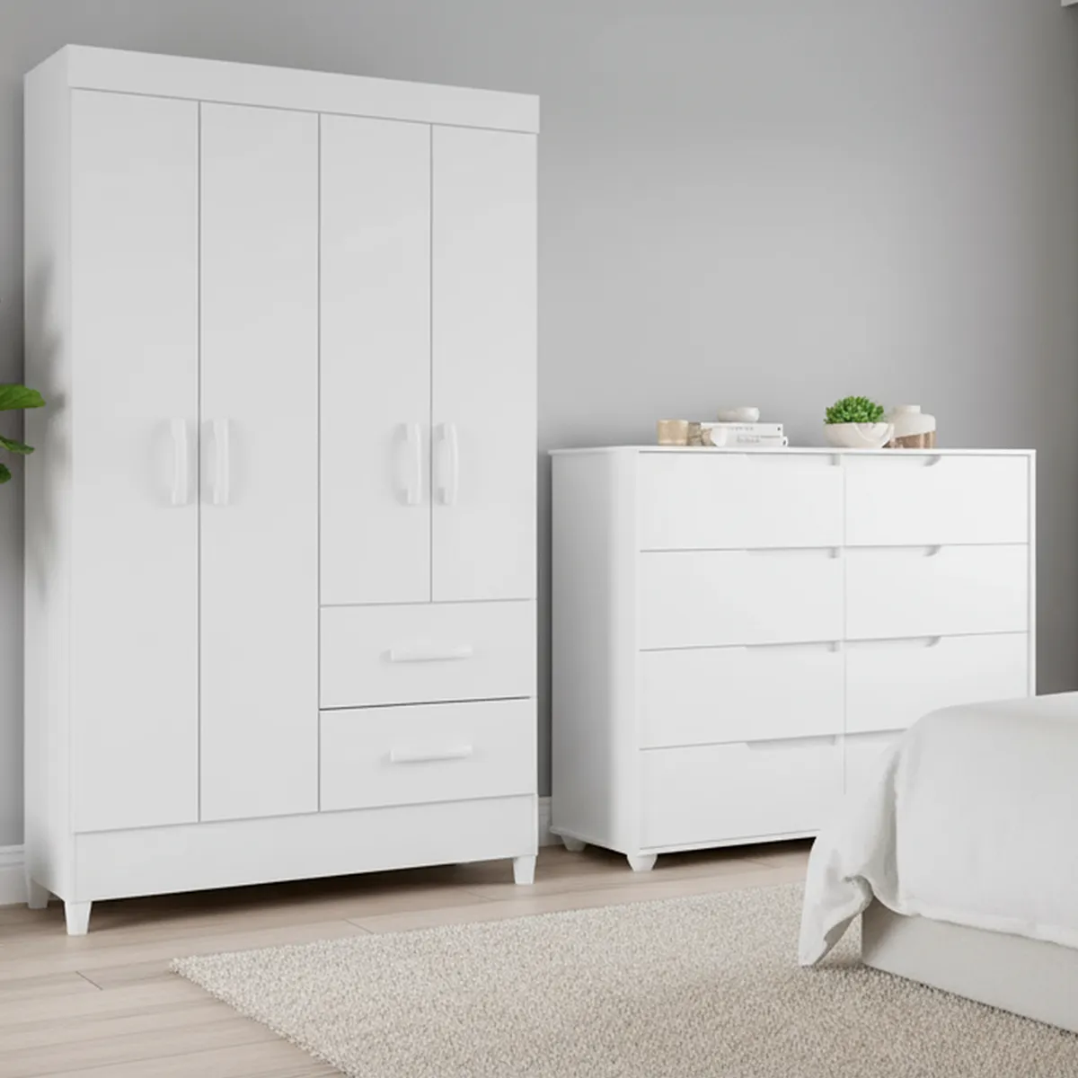 VEKKAHOME - Combo closet 4 puertas + cómoda doble