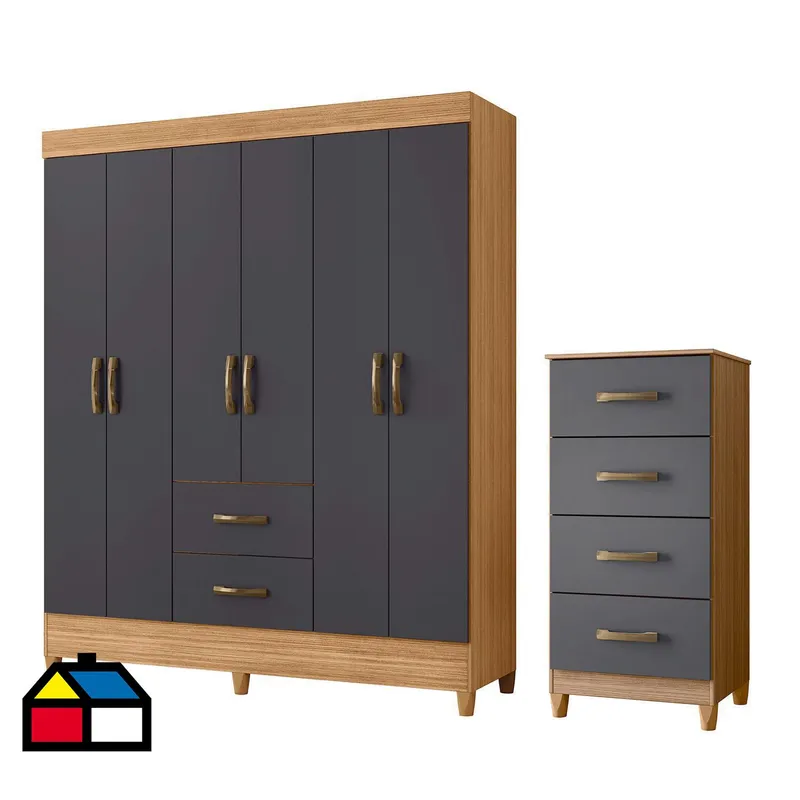 VEKKAHOME - Combo closet 6 puertas + cómoda 4 cajones