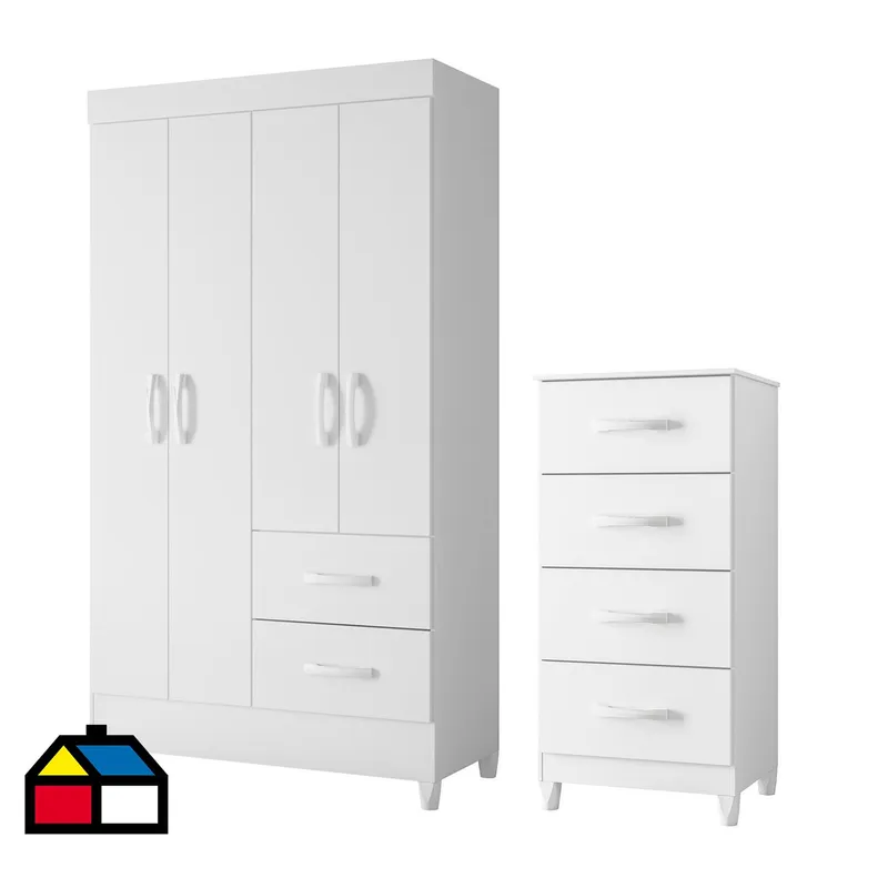 VEKKAHOME - Combo closet 4 puertas + cómoda 4 cajones