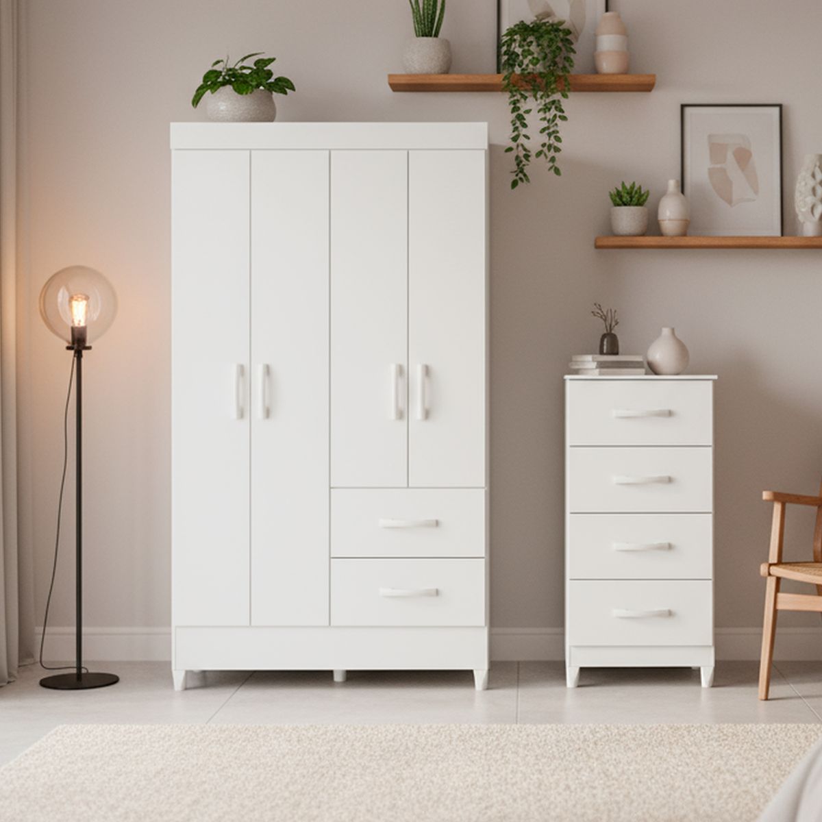 VEKKAHOME - Combo closet 4 puertas + cómoda 4 cajones