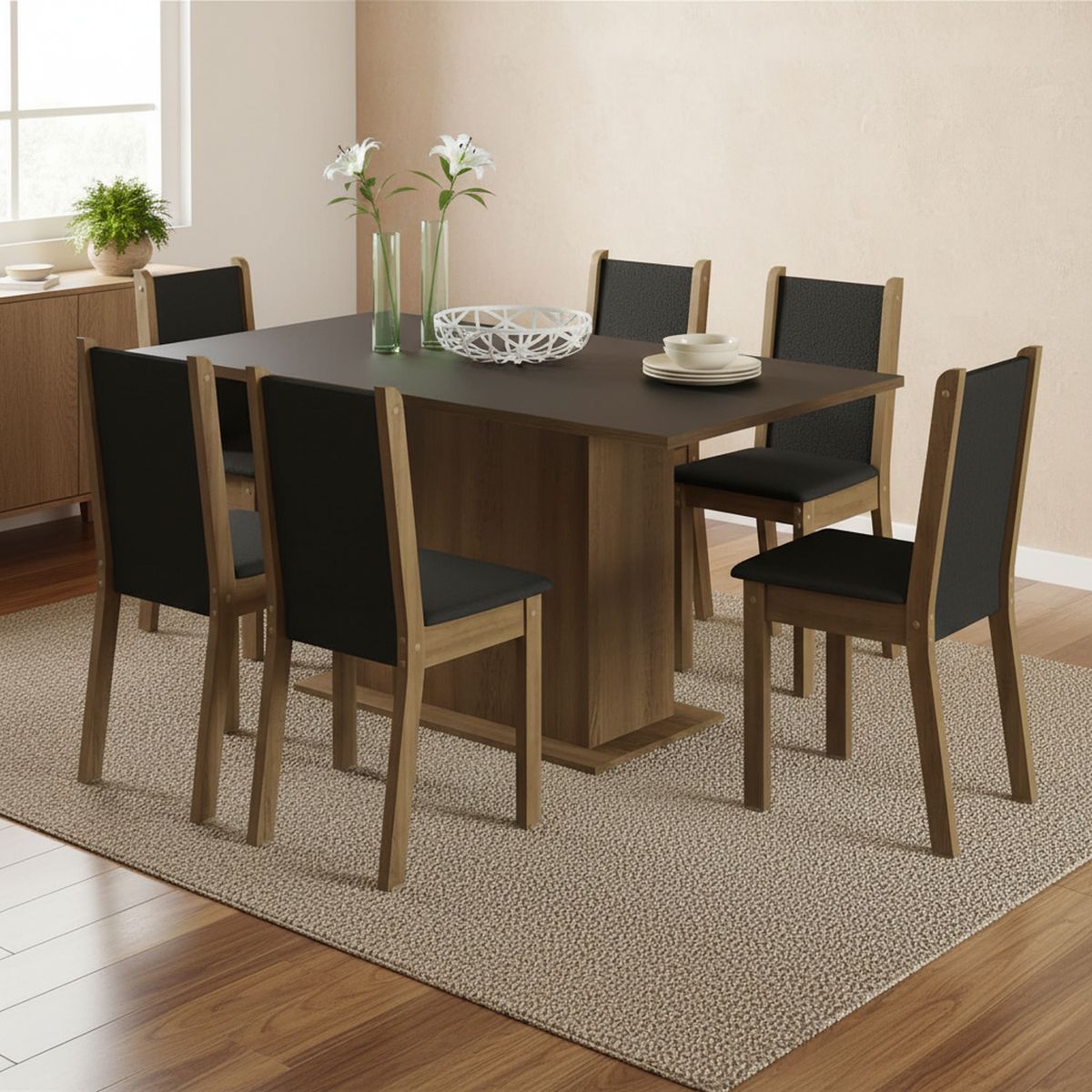 VEKKAHOME - Juego de Comedor Suecia 6 Sillas Mesa Rectangular 90x79x160 cm Café